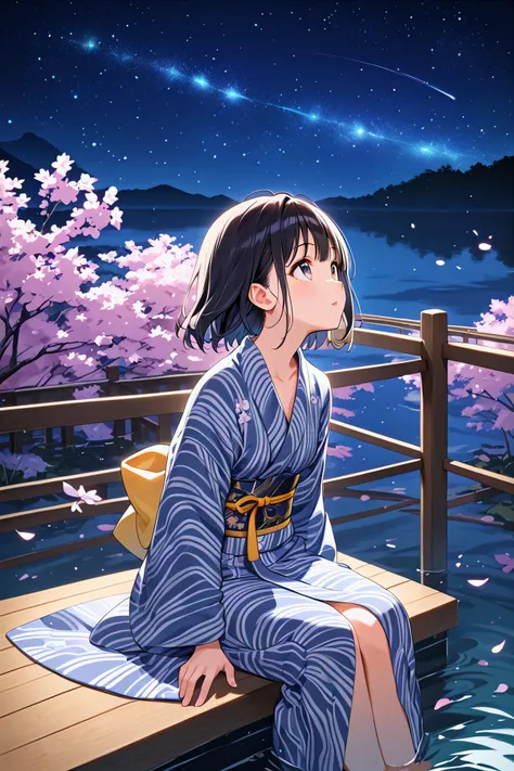 score_9, best quality, official art,
1girl,solo,
dark blue yukata,flower yukata,night,(starry sky:1.2),sitting,look up,dark,river