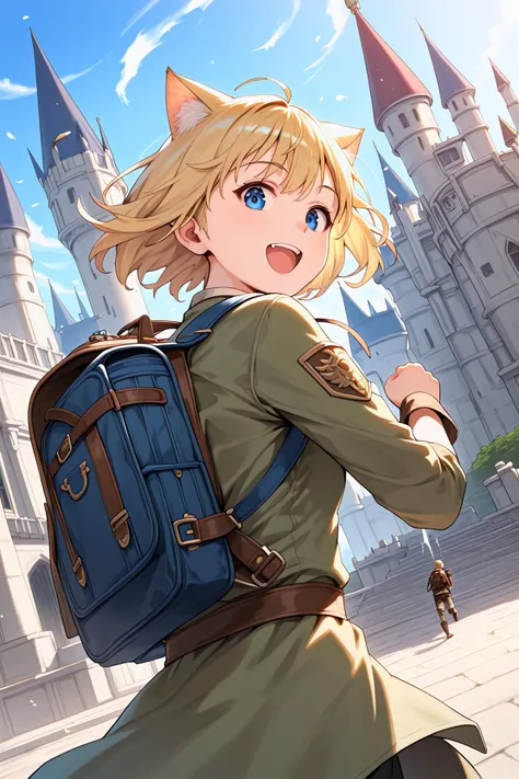 score_9, best quality,
1girl,solo,(fantasy,adventurer:1.2),blonde short hair, soldier,(cat ears:0.8),from back, backpack, looking at viewer,(kind smile:0.6),castle,upper body,dynamic, motion,wind,running,talk,open mouth,blue eyes,face,from below,dutch angle