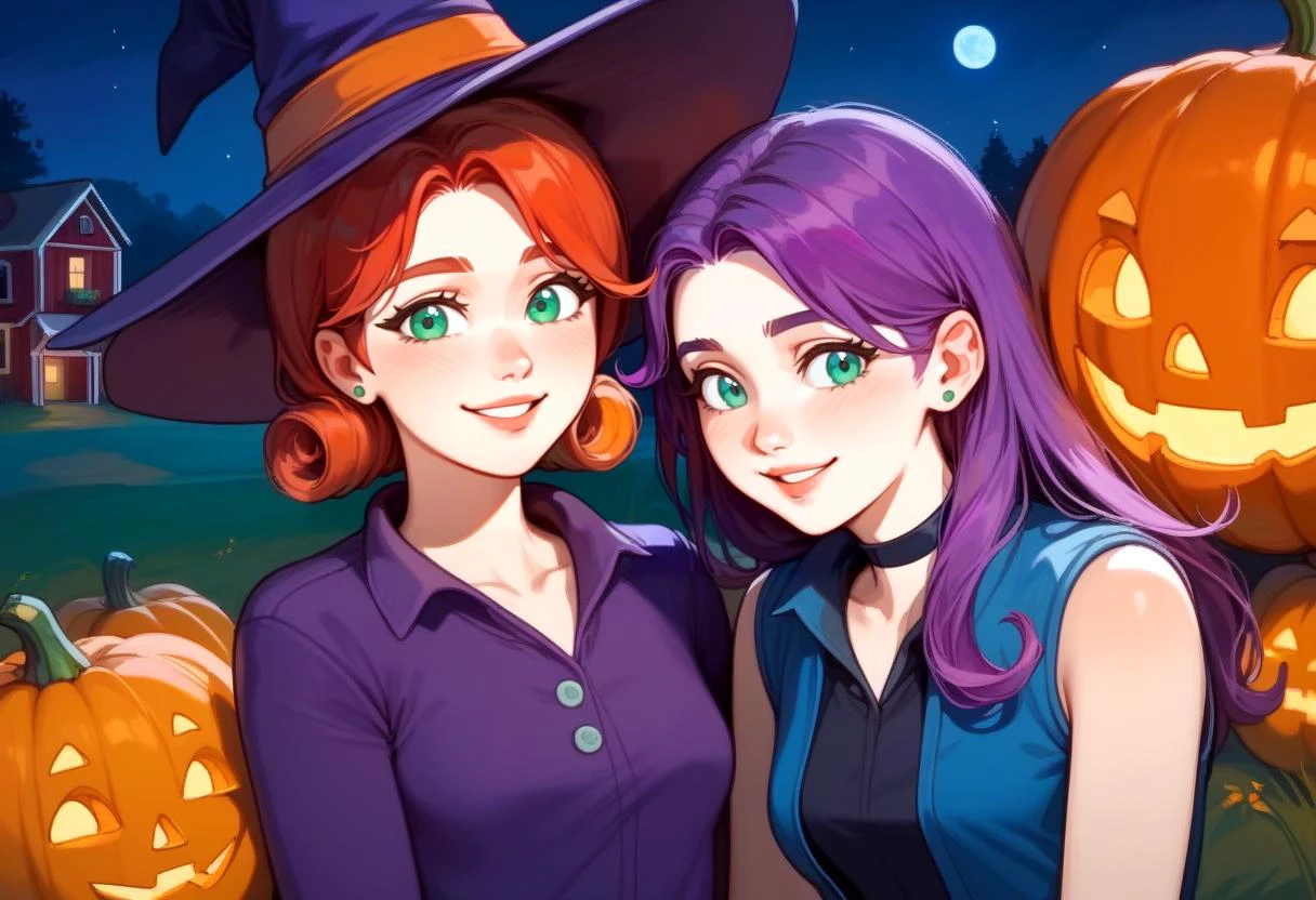 2girls,<lora:NSPennyStardew:1> NSPennyStardew, NSPennyStardew, witch outfit, green eyes, short hair, red hair, earrings, curly hair, witch hat, gothic dress, looking at viewer, smiling, face close to other girl
2girls, <lora:NSAbigailStardew:1> NSAbigailStardew, witch outfit, purple hair, blue eyes, long hair, parted bangs, black choker, witch hat, blue vest, open vest, sleeveless, black shirt, skirt, black leggings, green hair ribbon, looking at viewer, smiling, face close to other girl
farm, night, pumpkin, outdoors,
full moon