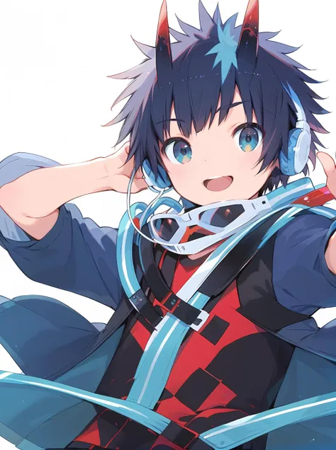 score_9,score_8_up,score_7_up,score_6_up,source_anime,masterpiece,best quality,high-detailed,Ray Tracing BREAK <lora:naliu:0.5>,<lora:tuoren-000026:0.9>,1boy,male focus,solo,headphones,open mouth,smile,spiked hair,looking at viewer,black hair,red shirt,shirt,upper body,blue hair,two-tone hair,streaked hair,black hair,<lora:StS_age_slider_v1_initial_release:-4>,horns,simple background,white background,