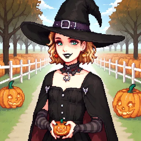 1girl,  Sophia_(SVE), gentle smile, witch hat, black outfit, gothic lipstick, farm, outdoors, pumpkin  <lora:Sophia_SVE_776761:1>