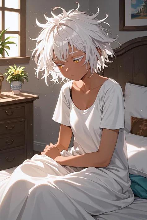 score_9,best quality, 
1girl,dark skin,white hair,(white eyelashes:1.1), fantasy,short hair,half asleep,looking away,bed,sitting, streak of light,illumination,indoor,messy hair,(yellow eyes:0.7)