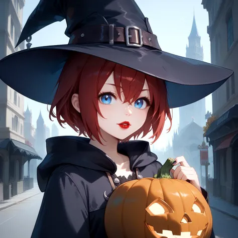 1girl, solo, short hair, red hair, blue eyes, bangs, hair between eyes, witch hat, black outfit, gothic lipstick, dark city, outdoors, pumpkin <lora:Kairi-05_798293:1>