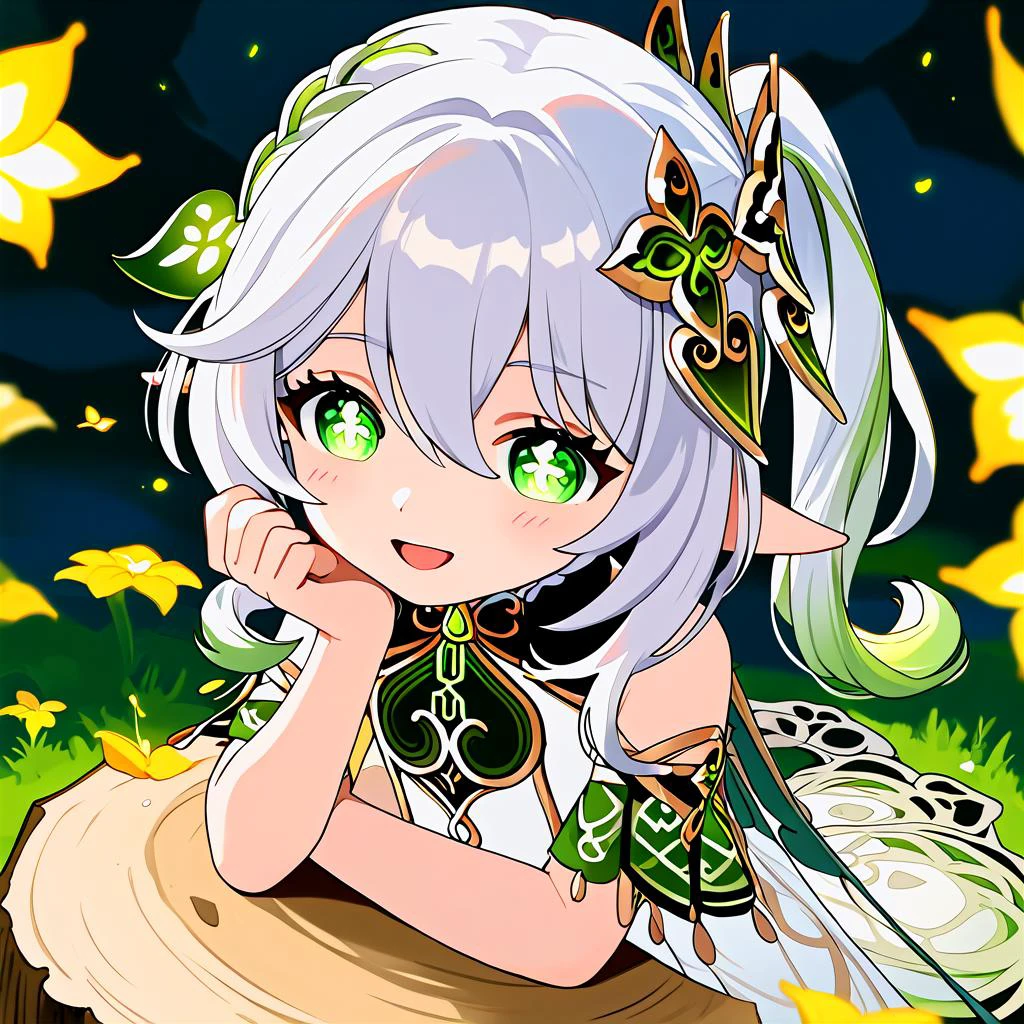 score_9, score_8_up, score_7_up, source_anime, in dorest, animals gather around , sittng on stump, BREAK smile, openmouth, <lora:charXLP_Nahida:1>, Nahida, nahida \(genshin impact\), green eyes, dress, white dress, pointy ears, cross-shaped pupils, symbol-shaped pupils, + +, side ponytail, long hair, white hair, multicolored hair, hair ornament,