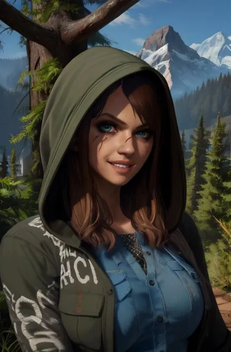 JessBlack,blue eyes, brown hair, face scars, long hair,
blue undershirt, hands bandages, from above,
looking at viewer, solo ,upper body,
woods, country, mountains, medium breasts, sitting, log,
(insanely detailed, beautiful detailed face, masterpiece, best quality),
<lora:JessBlack:0.8>