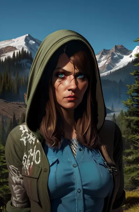 JessBlack,blue eyes, brown hair, face scars,
green hoodie, blue undershirt, hands bandages,
looking at viewer, solo ,upper body, serious, standing,
woods, country, mountains, medium breasts,
(insanely detailed, beautiful detailed face, masterpiece, best quality),
<lora:JessBlack:0.8>