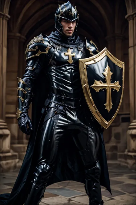 realistic, masterpiece, intricate details, detailed background, depth of field, muscular, photo of a handsome (canadian man), l4tex4rmor, wearing latex paladin armor, shiny latex, fighting stance, dynamic pose, holding shield, cross, cape, helmet,