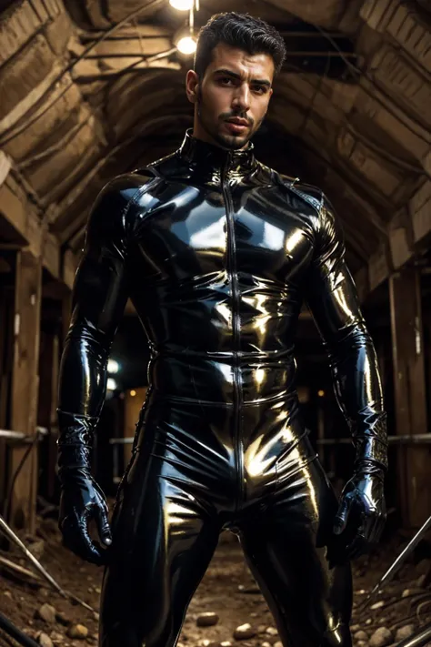 realistic, masterpiece, intricate details, detailed background, depth of field, muscular, photo of a handsome (iraqi man), l4tex4rmor, wearing latex bodysuit, shiny latex, fighting stance, dynamic pose, underground club,