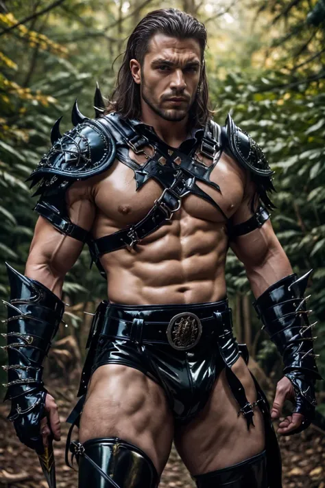 realistic, masterpiece, intricate details, detailed background, depth of field, muscular, photo of a handsome (scottish man), l4tex4rmor, wearing latex barbarian armor, shiny latex, fighting stance, dynamic pose, holding weapon, harness, outdoors,