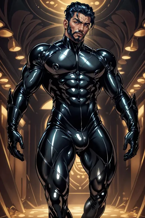 (iraqi man), l4tex4rmor, wearing latex , shiny latex, fighting stance, dynamic pose, underground club,, (best quality), (masterpiece), (highly detailed), cinematic, (detailed background), depth of field, intricate details, 8k, bara, photo of a handsome man,