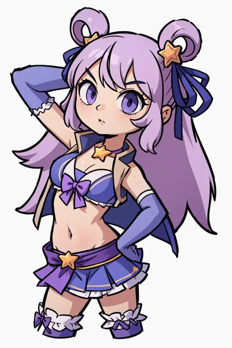 best quality, highly detailed, one hand on her hip, one hand behind her head <lora:princessconnect_hatsune-30:.8> hatsunesummer, hair rings, star hair ornament, hair ribbon, frills, cropped vest, open vest, purple bikini, bow bikini, gloves, bikini skirt, bridal garter, star choker