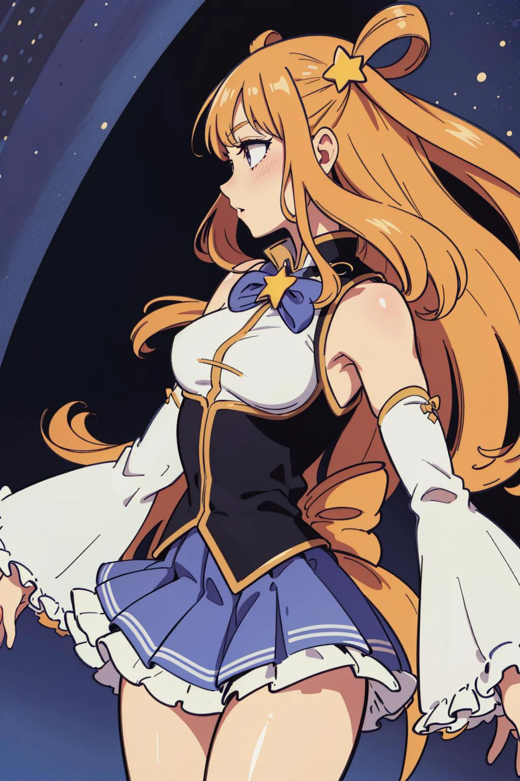 best quality, highly detailed, ertestyle, <lora:princessconnect_hatsune-30:.8> hatsunedef, hair rings, star hair ornament, frills, vest, shirt, bowtie, detached sleeves, skirt, bare shoulders, cowboy shot, profile, <lora:Ertestyle:1> abstract background,