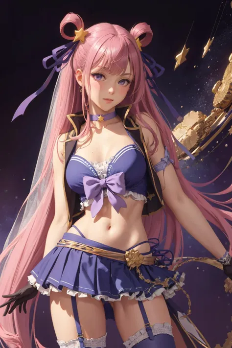 best quality, highly detailed, ertestyle, <lora:princessconnect_hatsune-30:.8> hatsunesummer, hair rings, star hair ornament, hair ribbon, frills, cropped vest, open vest, purple bikini, bow bikini, gloves, bikini skirt, bridal garter, star choker cowboy shot, contrapposto, <lora:Ertestyle:1> abstract background, looking at viewer,