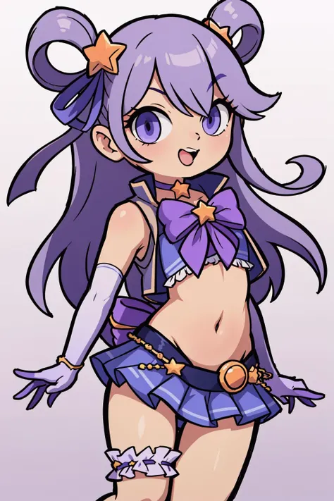 best quality, highly detailed, winking <lora:princessconnect_hatsune-30:.8> hatsunesummer, hair rings, star hair ornament, hair ribbon, frills, cropped vest, open vest, purple bikini, bow bikini, gloves, bikini skirt, bridal garter, star choker