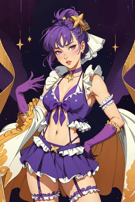 best quality, highly detailed, ertestyle, <lora:princessconnect_hatsune-30:.8> hatsunesummer, hair rings, star hair ornament, hair ribbon, frills, cropped vest, open vest, purple bikini, bow bikini, gloves, bikini skirt, bridal garter, star choker cowboy shot, contrapposto, <lora:Ertestyle:1> abstract background, looking at viewer,