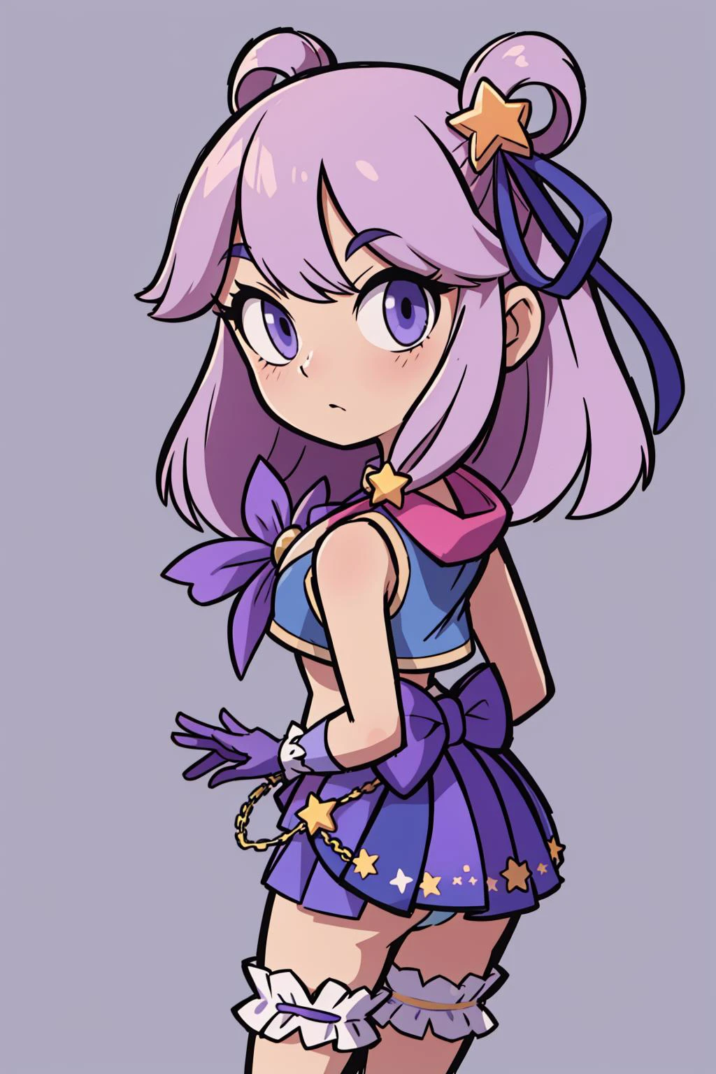 best quality, highly detailed, turned away but looking back over her shoulder <lora:princessconnect_hatsune-30:.8> hatsunesummer, hair rings, star hair ornament, hair ribbon, frills, cropped vest, open vest, purple bikini, bow bikini, gloves, bikini skirt, bridal garter, star choker