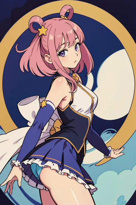 best quality, highly detailed, ertestyle, <lora:princessconnect_hatsune-30:.8> hatsunedef, hair rings, star hair ornament, frills, vest, shirt, bowtie, detached sleeves, skirt, bare shoulders, cowboy shot, from side, <lora:Ertestyle:1> abstract background, looking at viewer,