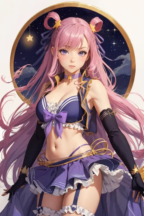 best quality, highly detailed, ertestyle, <lora:princessconnect_hatsune-30:.8> hatsunesummer, hair rings, star hair ornament, hair ribbon, frills, cropped vest, open vest, purple bikini, bow bikini, gloves, bikini skirt, bridal garter, star choker cowboy shot, contrapposto, <lora:Ertestyle:1> abstract background, looking at viewer,