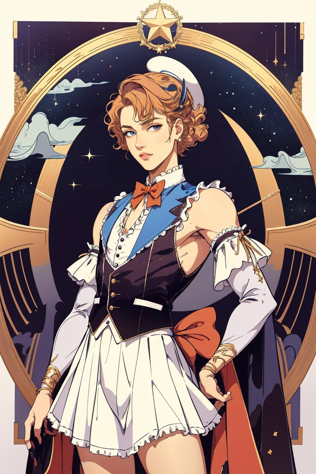 best quality, highly detailed, ertestyle, <lora:princessconnect_hatsune-30:.8> hatsunedef, hair rings, star hair ornament, frills, vest, shirt, bowtie, detached sleeves, skirt, bare shoulders, cowboy shot, contrapposto, <lora:Ertestyle:1> abstract background, looking at viewer,