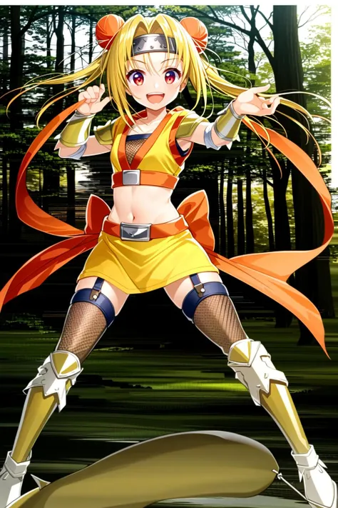 masterpiece, best quality, (1girl, solo),
hideyoshi, 1girl, solo, blonde hair, fishnets, double bun, hair bun, midriff, navel, thighhighs, open mouth, red eyes, smile, skirt, ribbon, headband, twintails, white background, hair ribbon, fishnet thighhighs, :d, bow, full body, armor, looking at viewer, garter straps, clenched hands, boots
<lora:Hideyoshi:0.65>
blush,
((( outdoors, forest, upper body , battle stance, dynamic pose, looking at viewer, )))