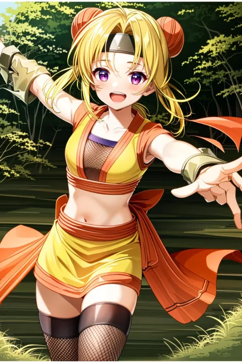 masterpiece, best quality, (1girl, solo),
hideyoshi, 1girl, solo, blonde hair, thighhighs, fishnets, purple eyes, midriff, sandals, headband, hair bun, fishnet thighhighs, full body, open mouth, navel, skirt, ninja,
<lora:Hideyoshi:0.65>
blush,
( outdoors, forest, cowboy shot , dynamic pose, looking at viewer, )
<lora:more_details:0.1>