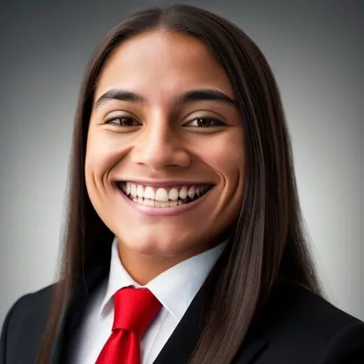 RAW photo, a girl, long hair , three-quarter, toothy grin, wearing suit <lora:tr0ll-000040:0.8>, 8k uhd, dslr, soft lighting, high quality, film grain, Fujifilm XT3, simple background