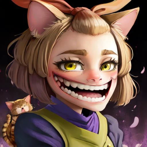 <lora:tr0ll:0.9>, tr0ll face, <lora:ashblossom:0.9>, ashblossom,( red ribbon), cat ears, brunette, yellow eyes, large mouth, lots of teeth, cute chibi, purple blushing, slanted eyebrows, fang, extremely detailed art, high quality, short hair, l open mouth, purple tunic,