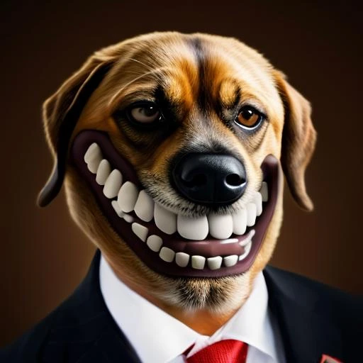 RAW photo, dog wearing suit in m3gust face<lora:m3gust4-000066:1>, from side , 8k uhd, dslr, soft lighting, high quality, film grain, Fujifilm XT3, simple background