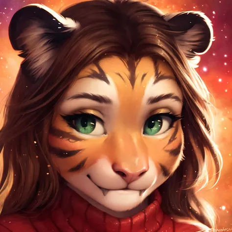 alex marx, female, panthrine, tiger, honovy hioshiru personalami,fangs,green eyes, ((smile)), face portrait, stars, nebula, red sweater,looking at viewer
<lora:alex-marx 1.1:1>