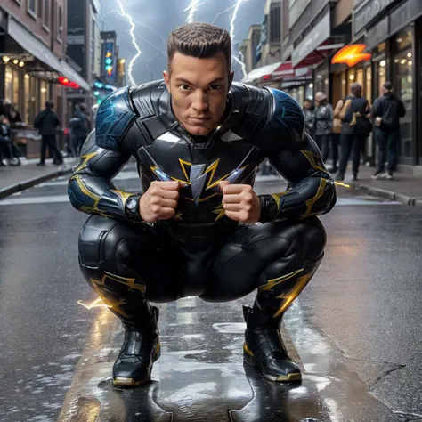 upper body, <lora:Buzz:1> Buzz as a superhero, futuristic, black hi-tech armored suit, (large lightning bolt logo on chest:1.3), crouching on city sidewalk, facing viewer