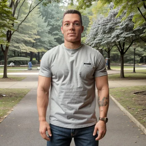 <lora:Buzz-10:1> Buzz wearing jeans and tshirt, sneakers, standing in a park
