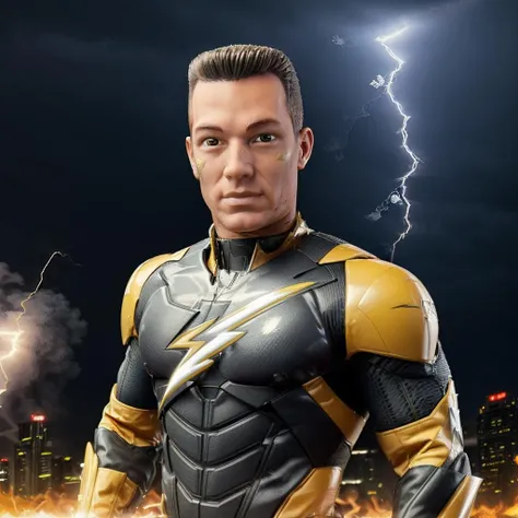 upper body portrait, <lora:Buzz-10:1> Buzz as a superhero, futuristic, yellow and black hi-tech armored suit, (large lightning bolt logo on chest), holding lightning bolt in his hand, fire, smoke, buildings in background