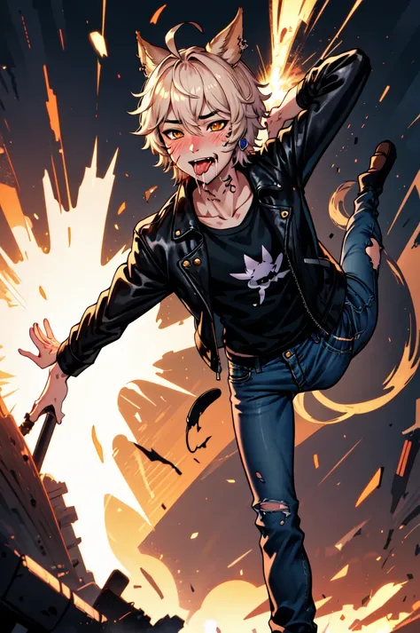 1boy, male focus, solo, Simple-Miqote Ahoge-HornballFace BadBoyVibes-GenderFree Fart-Pose