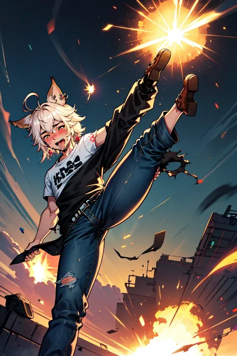 1boy, male focus, solo,  Simple-Miqote  Ahoge-HornballFace  BadBoyVibes-GenderFree    Fart-Pose