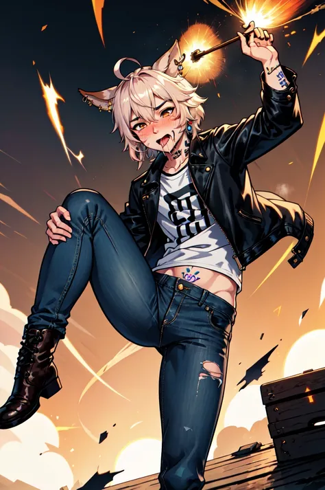 1boy, male focus, solo, Simple-Miqote Ahoge-HornballFace BadBoyVibes-GenderFree Fart-Pose