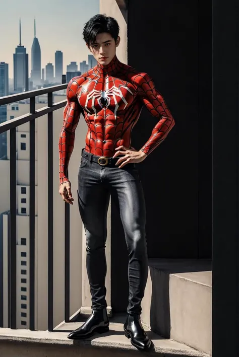 (looking at viewer:1.5), (full body:1.3),
(male focus, solo:1.5),
(outdoors, city skyline in the background, balcony:1.5), day, day time, soft light,
(armspiderverse, spiderman, red spidersuit, gold spider web print:1.3), <lora:armspiderverse_v3:0.7>,
boots, jeans,
1boy, handsome,young, (short black hair:1.5), (beautiful eyes:1.2),
<lora:GoodHands-beta2:1>,perfect hands, five fingers,
muscular, abs, pectorals,
best quality,masterpiece,ultra highres,photorealistic,realistic,
<lora:asianmale_v10:0.1>,<lora:betaboy:0.2>