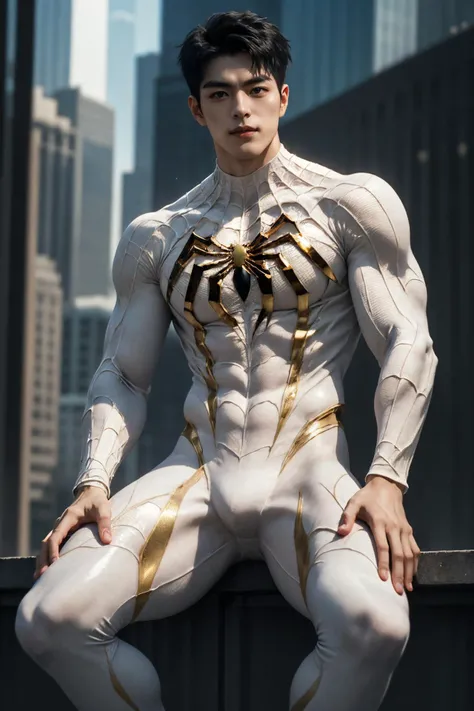 absurdres, intricate details, masterpiece, best quality, high resolution, 8k,
(1boy, armspiderverse, white spidersuit, gold spider web print:1.2),
looking at viewer, smirk, Manhuanan, spread legs,
(muscular, large pectorals, abs), shiny white skin,
detailed face, black eyes, black hair, eye reflection, shiny necklace,
outdoors, full body, flower, skyscraper,
detailed background, cinematic lighting
<lora:chinesemalelikeness3:0.5> <lora:NIJI卿¼«ç·é£æ ¼_v1.0:0.6> <lora:armspiderverse_v2:0.7>