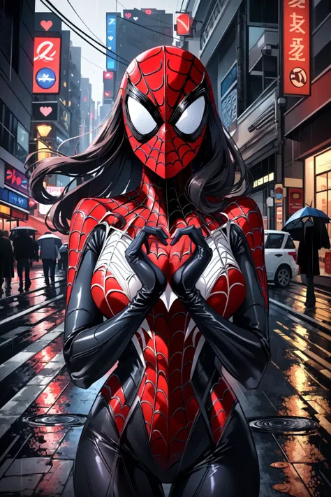 (masterpiece, best quality), intricate details,
1girl, <lora:armored_spiderverse_v1:0.8> armspiderverse, bodysuit, helmet, spider web print, armor, spider-man,
making a heart with hands, smiling, night, city street, pavement, raining, puddles,
