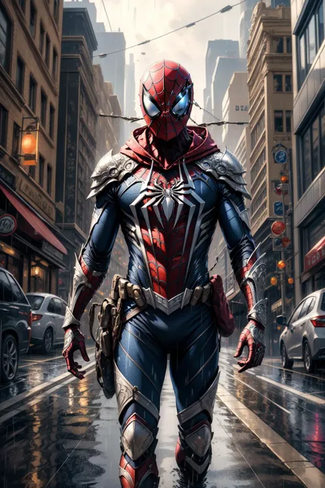 (masterpiece, best quality),  intricate details,
1boy, man, <lora:armspiderverse_v2:0.8> armspiderverse, spidersuit, armor, hood, helmet, spider web print
city streets, rain, reflections,