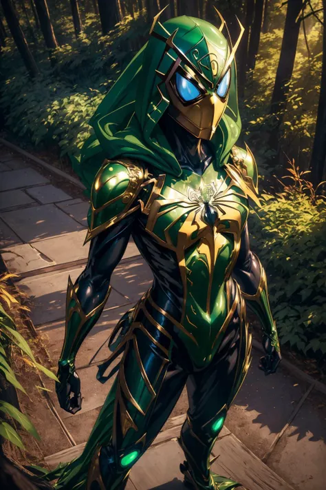 <lora:armored_spiderverse_v1:1>
masterpiece, best quality, intricate details, highly detailed manga art, anime art made by Leiji Matsumoto, volumetric lighting, volumetric shadows, cinematic light, 8k-perfect-arnold
armspiderverse, green bodysuit, armor, glowing eyes, helmet, hood, spider web print, tokusatsu, full body view, jacket
((forest background))