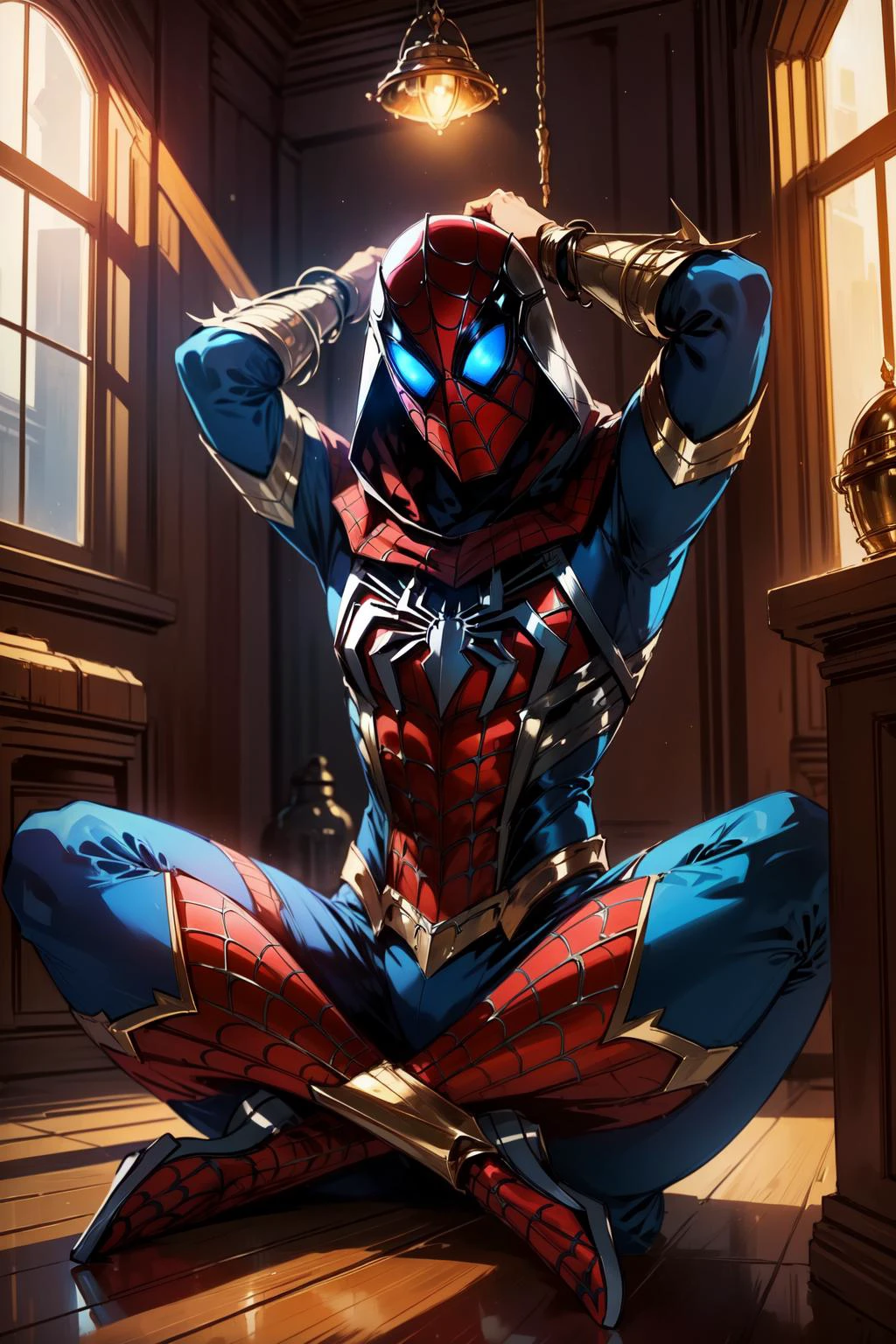 (masterpiece, best quality), intricate details,
1boy, man, <lora:armspiderverse_v2:0.8> armspiderverse, spidersuit, armor, hood, helmet, spider web print
indian style, sitting, indoors, jail cell,