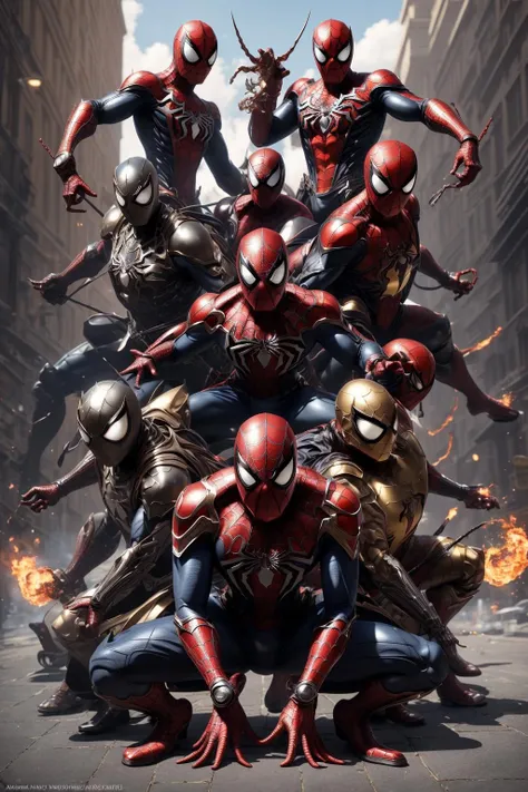 <lora:armored_spiderverse_v1:1>
masterpiece, best quality, intricate details, highly detailed raw photography, anime style, Hiromu Arakawa, volumetric lighting, volumetric shadows, cinematic light, 8k-perfect-arnold
armspiderverse, Chocolate Brown armored bodysuit, glowing eyes, helmet, spider web print, ((spiderman stance))
((a group of warriors set out to defeat a powerful necromancer who seeks to conquer the world, with 1girl in the background))
