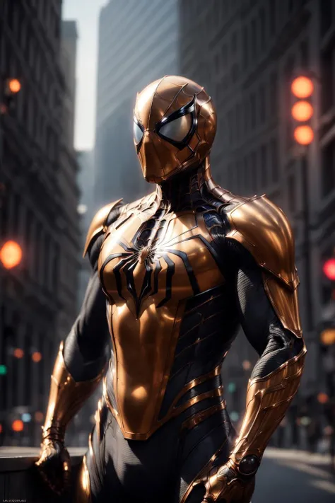 Portrait, Gold Spider-Man from Marvel, biomechanical, complex robot, full growth, hyper-realistic, insane small details, extremely clean lines, cyberpunk aesthetic, masterpiece featured on Zbrush Central, gothic brutalist cathedral, cyberpunk, award-winning photo, bokeh, neon lights, cybernetic limb