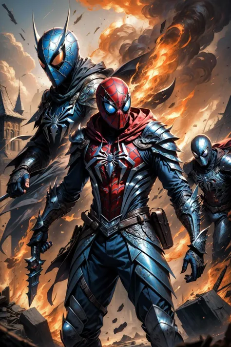 (masterpiece, best quality), intricate details,
1boy, man, <lora:armspiderverse_v2:0.8> armspiderverse, spidersuit, armor, hood, helmet, spider web print
fantasy, knight, pauldrons, village, battle, fire, debris,