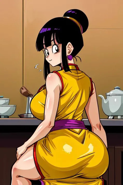 <lora:chichi_dbzV2:0.7> chichi_dbz, , solo, large_breasts, Yellow_China_Dress_Purple_Neckerchief, masterpiece,( best quality), detailed face, detailed eyes, highres,sitting,from behind,hot girl,curvy,kitchen,(hyper detailed)