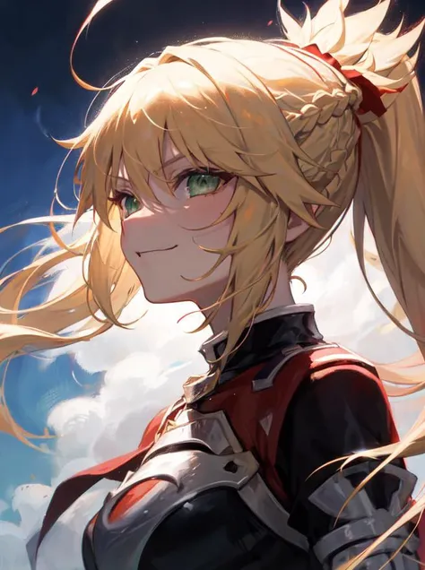 <lora:Mordred:0.9>, mordred \(fate\), ponytail, green eyes, braid, smug