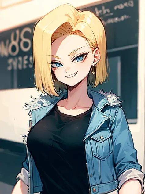 <lora:Android18:0.8>, android 18,  blue eyes, blonde hair, short hair, denim jacket, jacket, black shirt, large breasts, hoop earrings, solo, smug, smirk