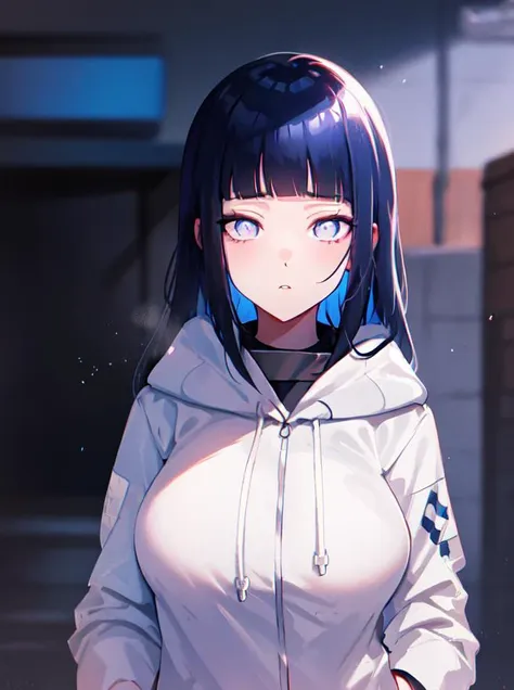 <lora:Hinata:0.8>, hyuuga hinata, empty eyes, blunt bangs, dark blue hair, white hoodie, cowboy shot, large breasts