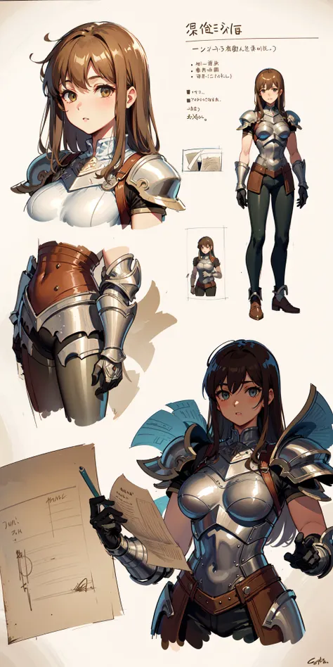 1girl, breasts, (watercolor), character sheet, coffee stained paper, paper texture, simple background, character sheet, brown hair, adventurer armor, (sketch:1.2), (drawn by hand), (grainy paper texture, coffee stain, old book page texture), (sepia:1.2), (vintage paper:1.3), dirty page