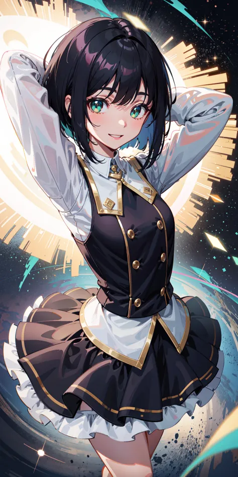 black hair, green eyes, short hair, bob cut, arms up, excited, sparkling eyes, sparkle, light particles, volumetric lighting, smile, long sleeves, pleated skirt, from above, arms behind head